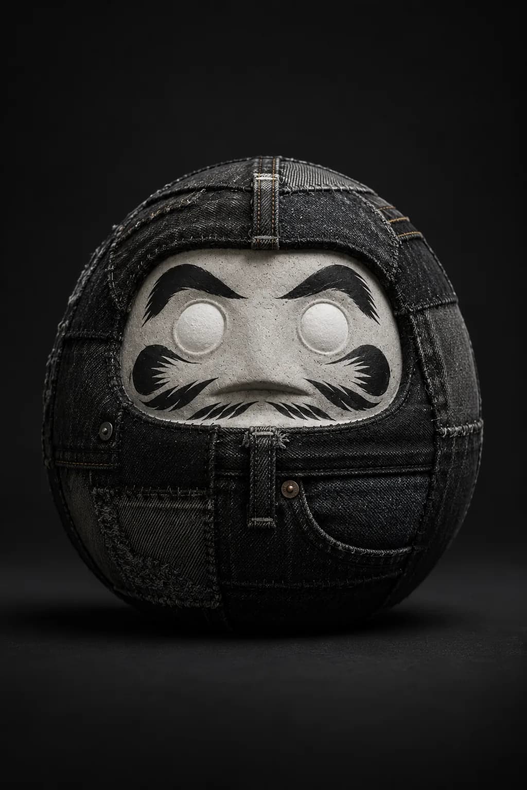 01 The Origin — daruma object fully covered in reclaimed black denim