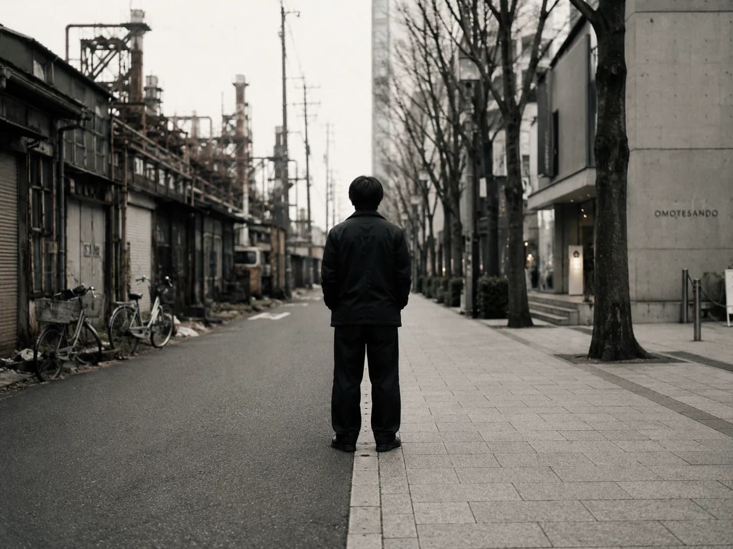 左に尼崎の工業地帯、右に表参道の街並み。その境界線の上に立つ人物の後ろ姿。